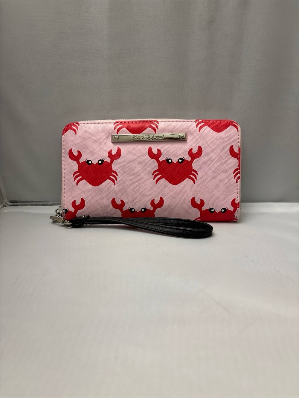 Betsey Johnson Pink Wallet with Red Crab Print and Black Wristlet